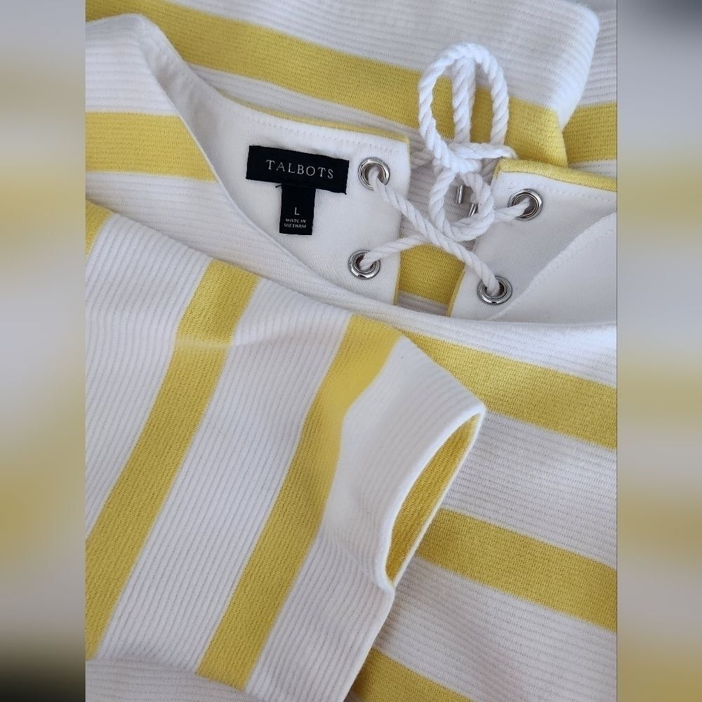 Talbots Yellow White Striped Cotton Tee Lg Preppy Cottage Fisherman Nautical